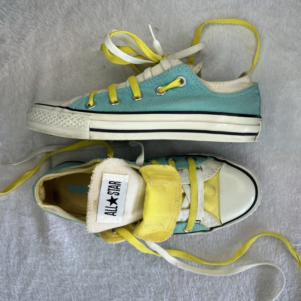 Women's 6 Vintage Converse All Star Teal Blue Yellow, Double Tongue